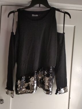 Zara Black Cold-Shoulder Sequin Hem Sweater